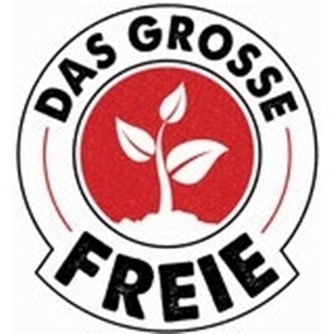 Logo von Das große Freie, ein roter Kreis mit der Silhouette eines Keinlings in weiß, darum der Schriftzug Das große Freie