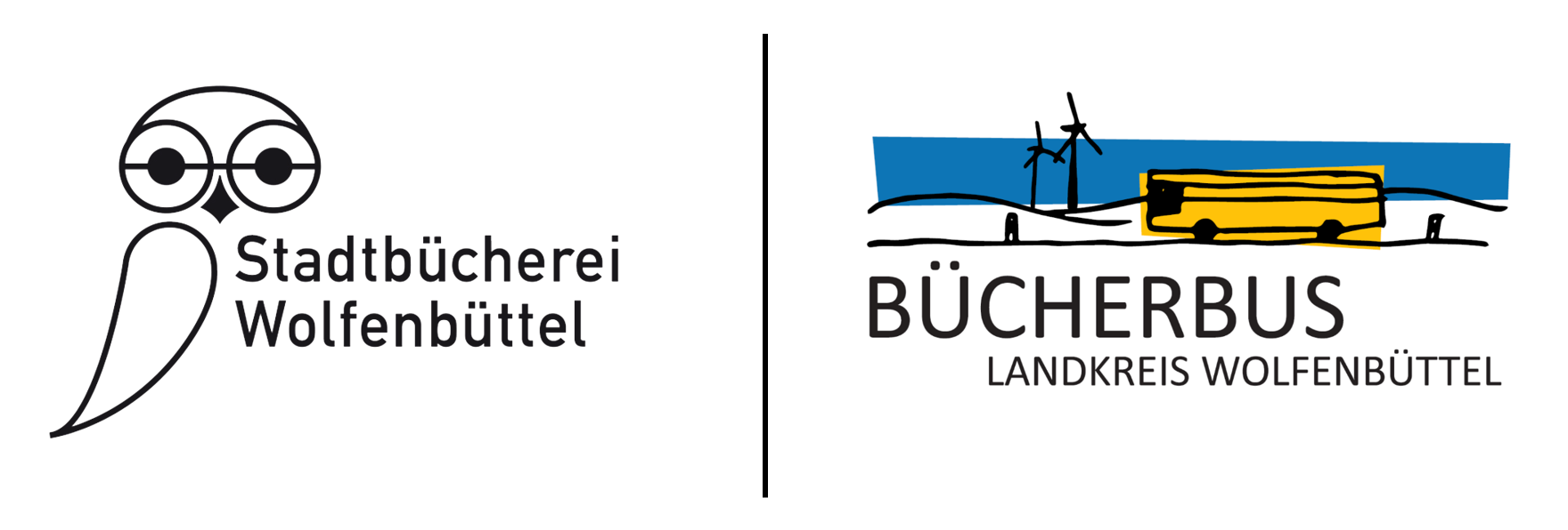 Die beiden Logos der Wolfenbütteler Büchereien: eine Eule mit dem Schriftzug Stadtbücherei Wolfenbüttel, und ein stilisierter Bus mit dem Schriftzug Bücherbus Landkreis Wolfenbüttel