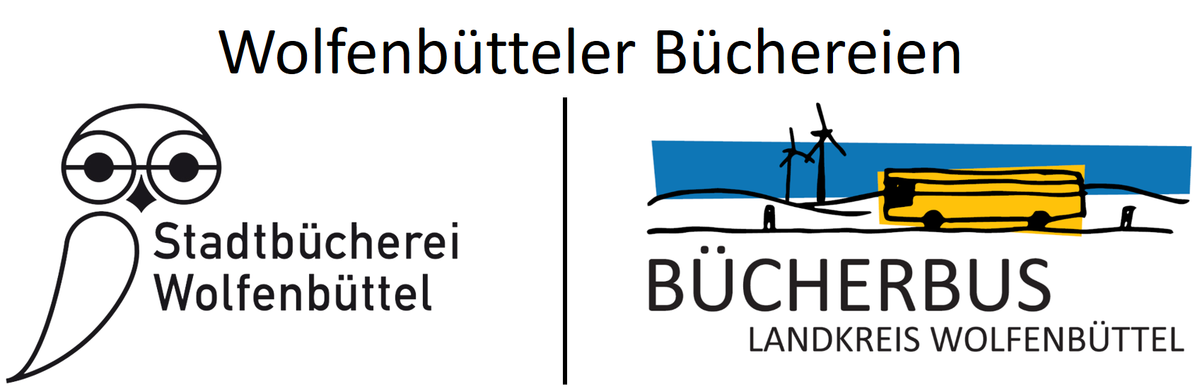 Logos der Stadtbücherei Wolfenbüttel und des Bücherbusses Wolfenbüttel mit dem Schriftzug Wolfenbütteler Büchereien