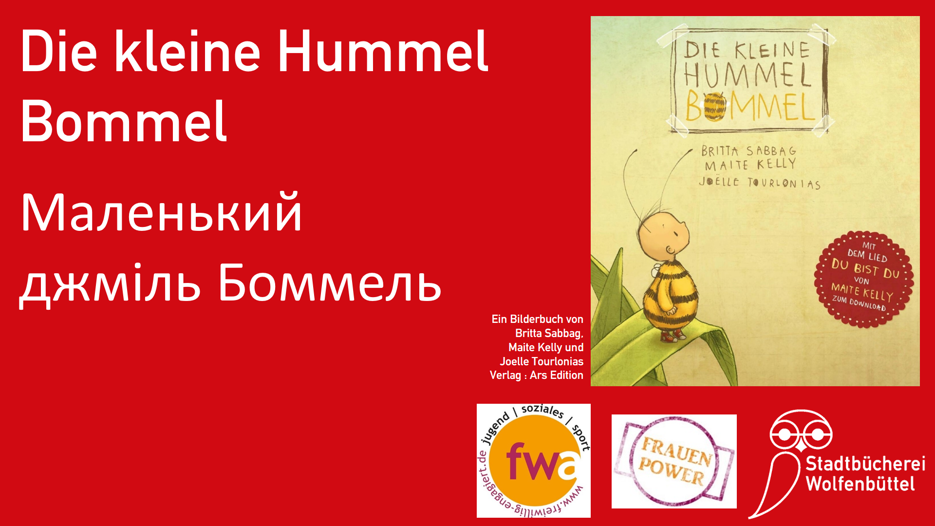 Das Titelbild des Bilderbuches und der Titel auf ukrainisch und deutsch vor rotem Hintergrund.