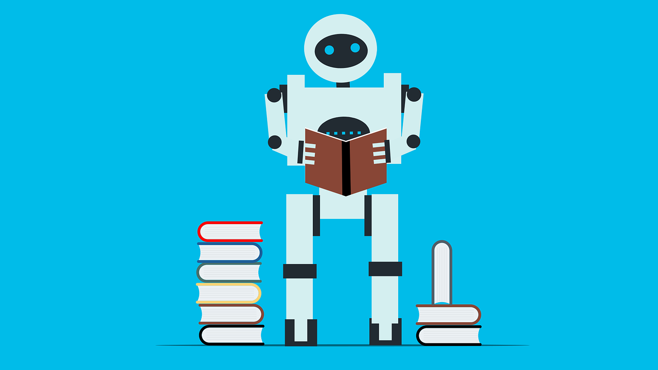 Ein gezeichneter Roboter vor blauem HIntergrund, der in Büchern liest.