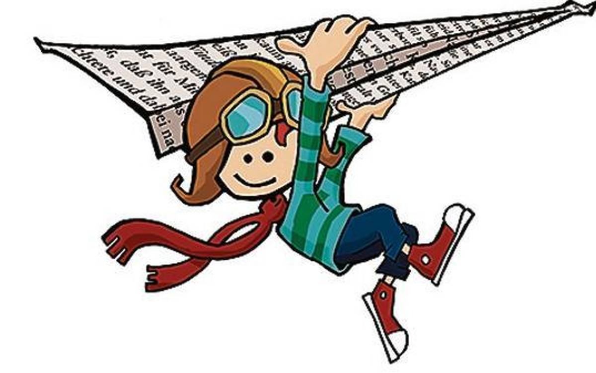 Grafik von leo Lesepilot: eine Cartoonfigur mit Fliegerkappe hängt an einem Papierflugzeug
